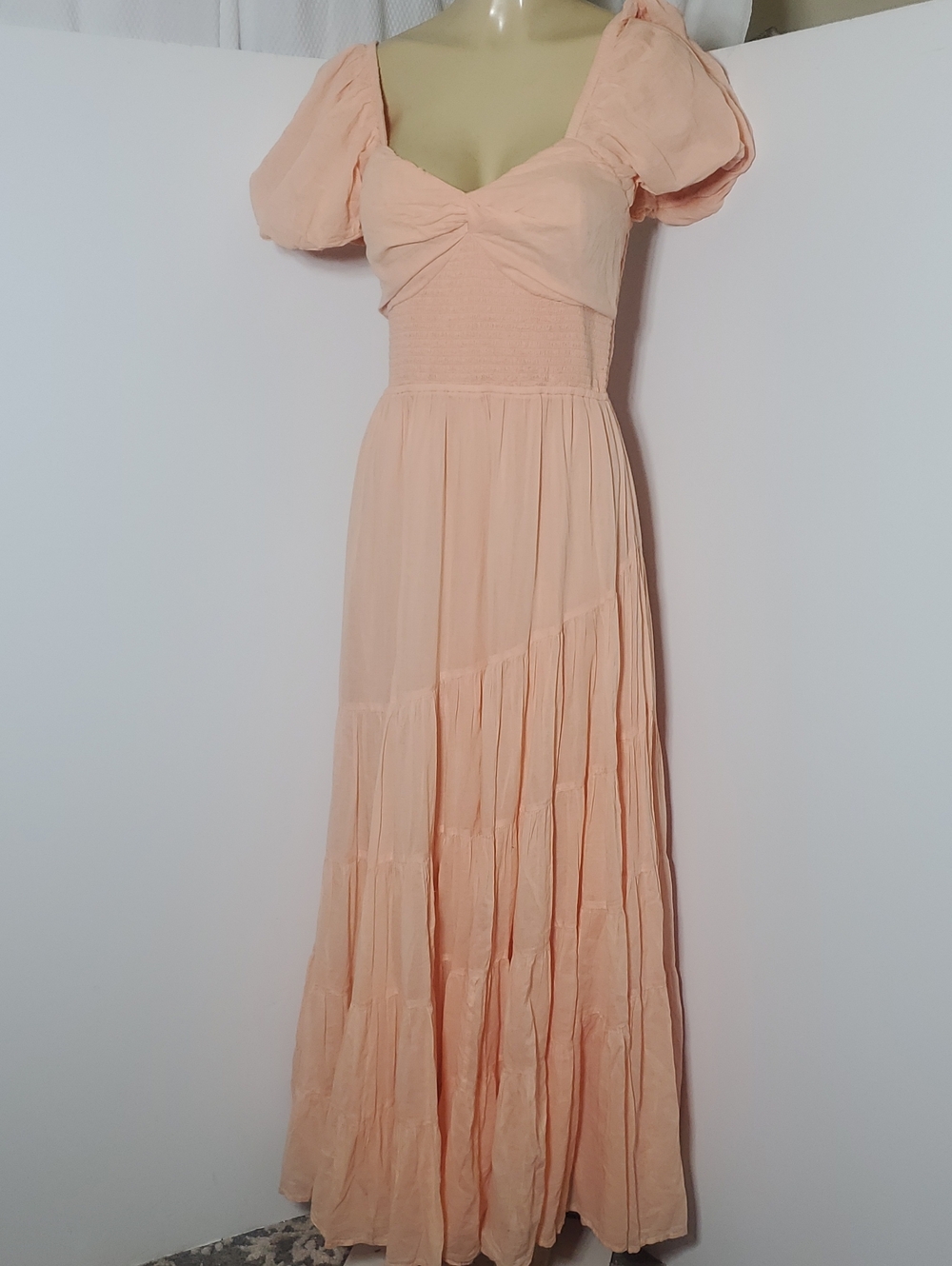 FREE PEOPLE Sundrenched Maxi Dress Peach Puff with Puff Sleeves Size L - Picture 2 of 15